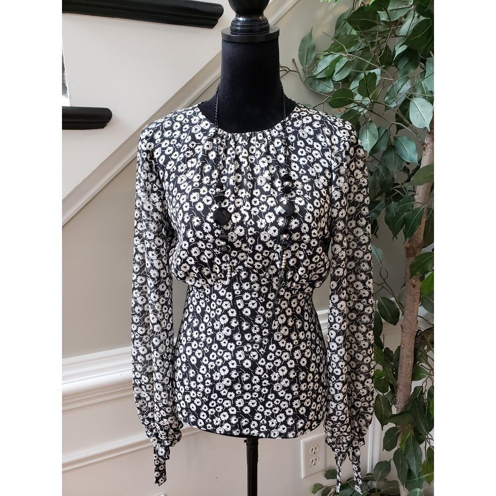 Topshop Blouse Top Women's 6 Black White Floral Sheer Long Sleeve Keyhole Back